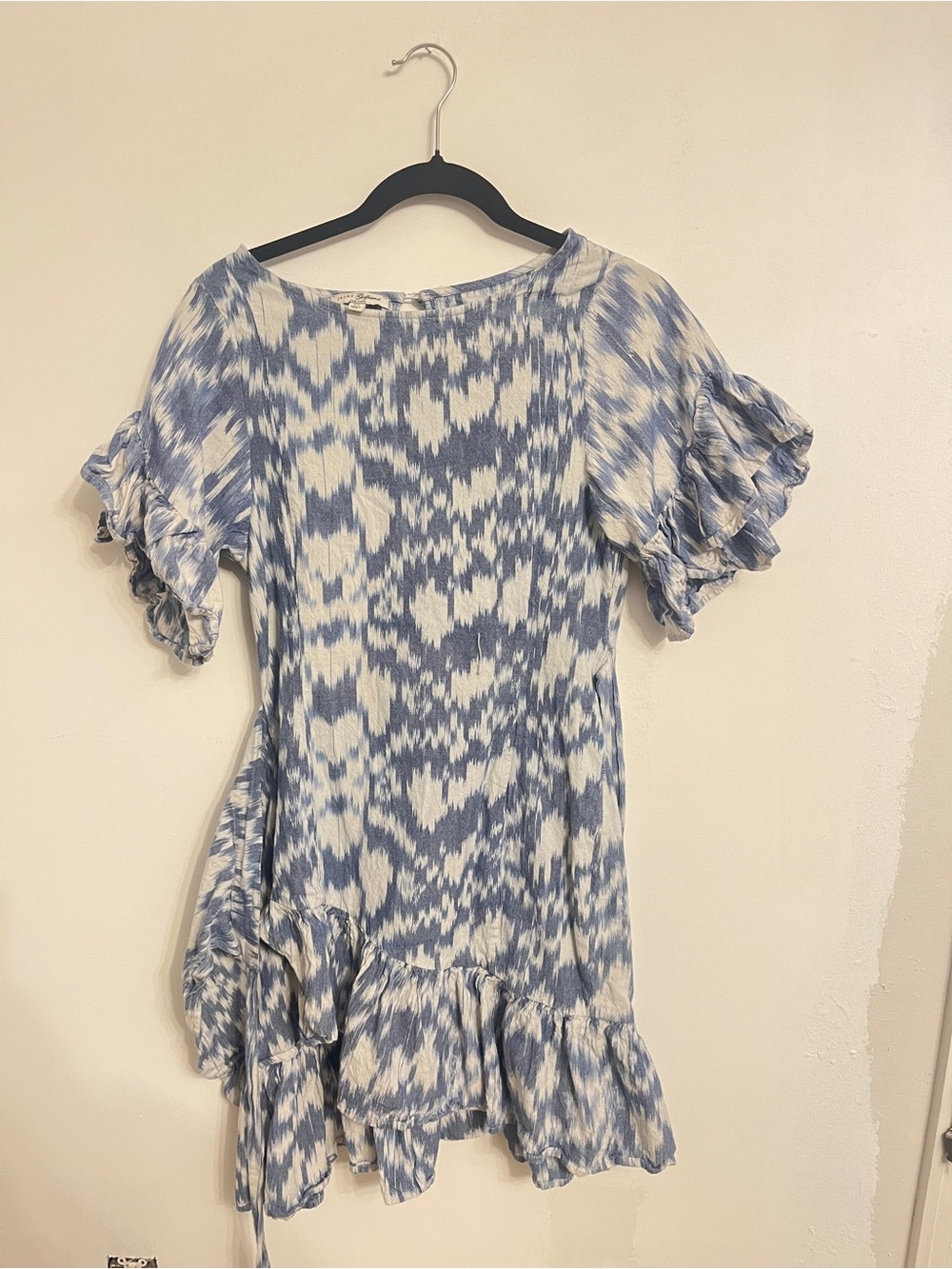 Jachs Blue and White Ikat Ruffle Mini Dress